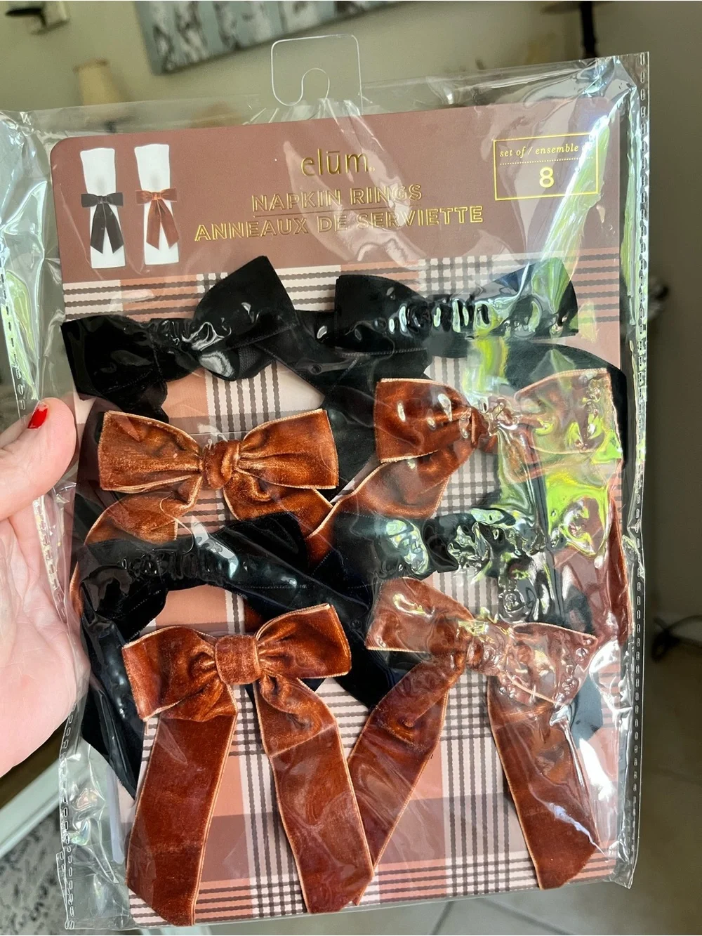 Velvet Bow Napkin Rings - Black and Copper (Set of 8)
